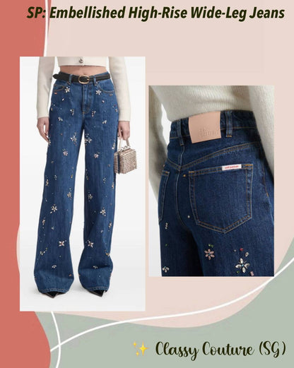 SP Embellished High Waist Wide Leg Jeans in Light Blue Wash | Dark Blue Wash