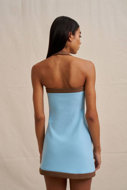 BJ Colette Halter Contrast Mini Dress in Brown/Blue