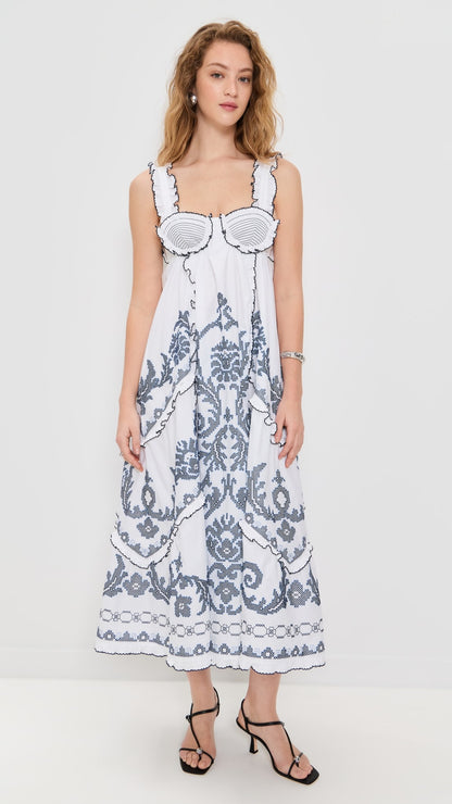 ALM Hazel Smocked Embroidered Sundress Midi Dress