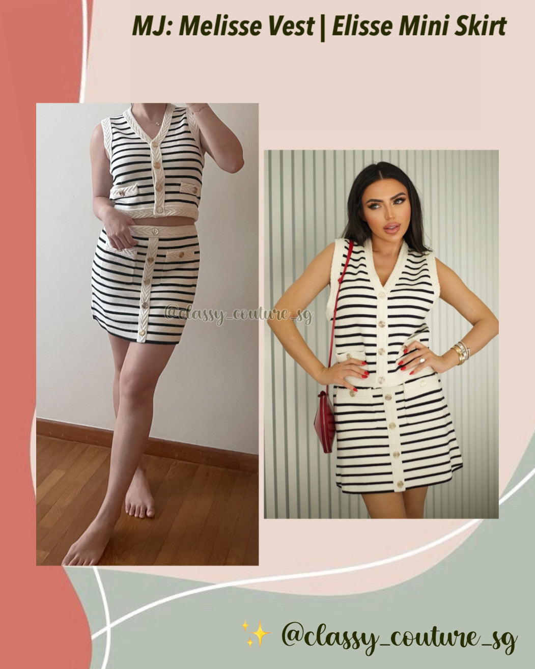 MJ Melisse Striped Knit Sleeveless Cardigan Vest Top | Elisse Mini Skirt | Wool Blend Set in Navy/Ecru