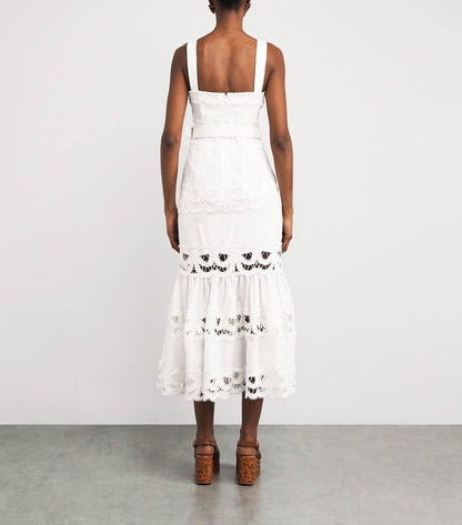 SP White Linen Lace Insert Belted Midi Dress