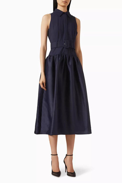 SP Navy Blue Belted Drop Waist Viscose-wool Twill Midi Dress