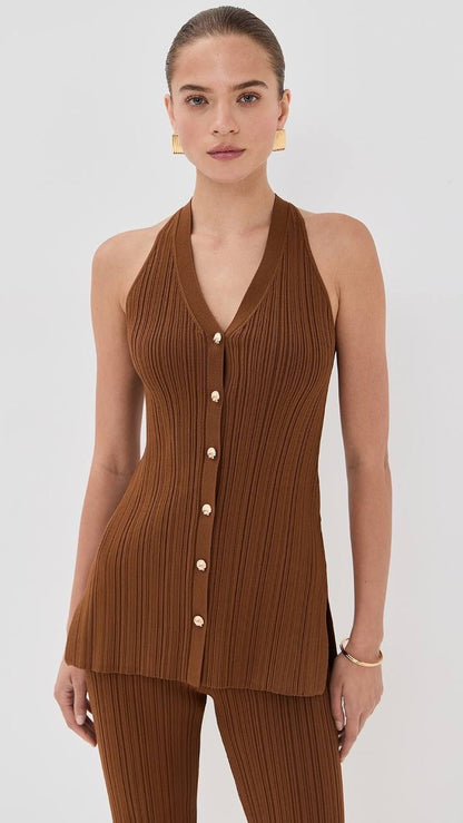 VB Dax Seashell Knit Vest | Massaro Pants | Viscose-blend Dark Whiskey Set