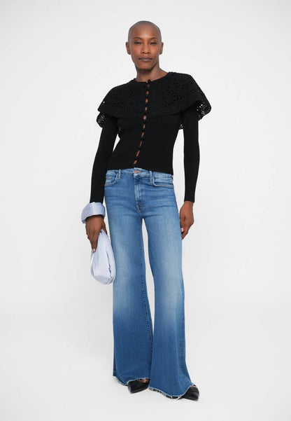SE Black Nara Crochet Long Sleeve Cardigan Top With Capelet