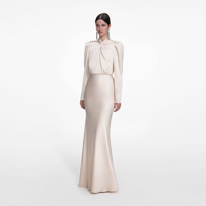 SP Champagne Satin Long Sleeve Maxi Dress