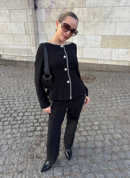 SG Boat Neckline Tailored Jacket | Long Vest Mini Dress | Mid-rise Ankle Pants | Set