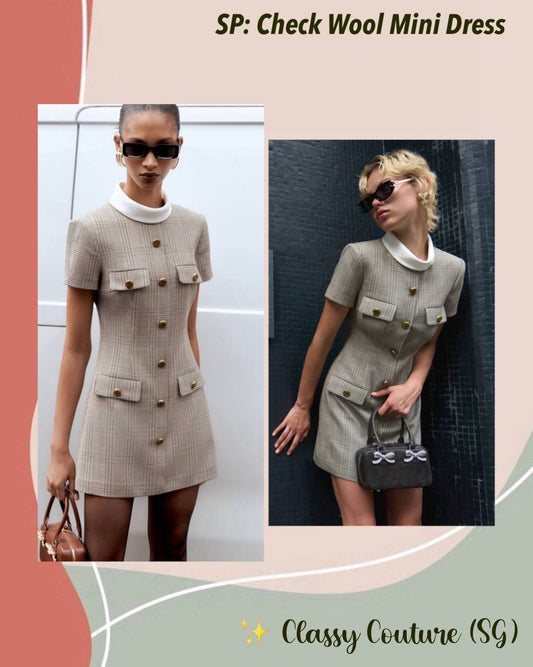 SP Check Wool Short-sleeved Mock neck Mini Dress