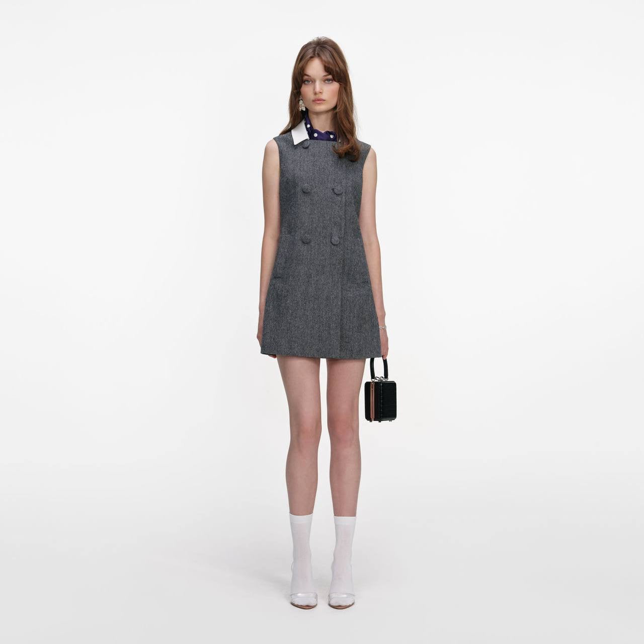 SP Grey Herringbone Scarf-Detail Shift Mini Dress