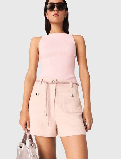 MJ Pink Tweed Cropped Short Sleeve Jacket Top | Shorts | Trouser Pant | Set