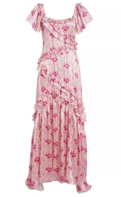 LSF Kenya Short Sleeve Ruffle Satin Maxi Dress