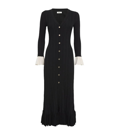 SD Knitted V Neck Contrast Sleeve Midi Dress in Navy blue & Black