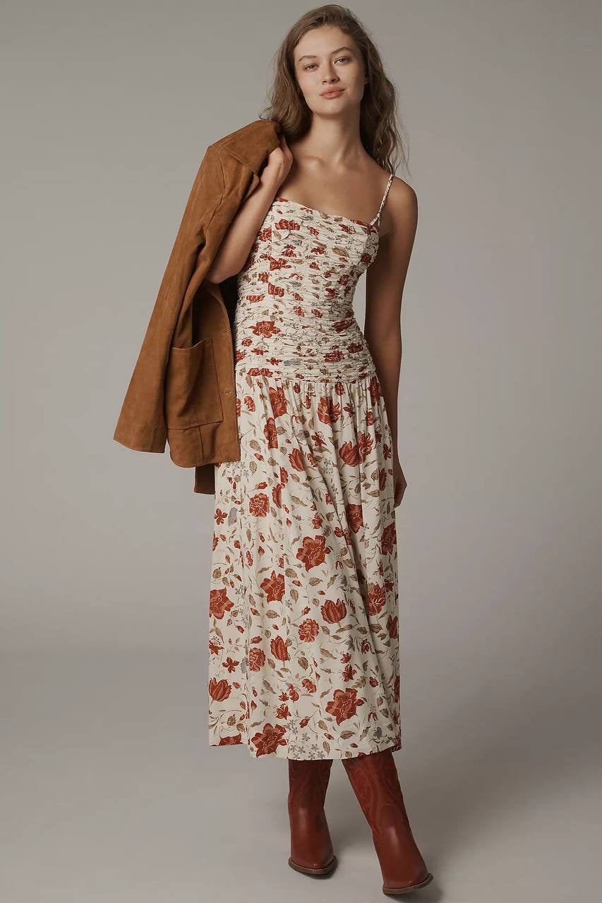 Ref Azure Cotton-viscose Shirred Drop Waist Midi Dress