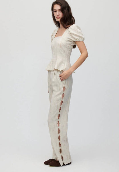 HFM Kira Puff Sleeve Top | Aura Pant Trousers | Scalloped Hem Edge Cotton-linen blend Set