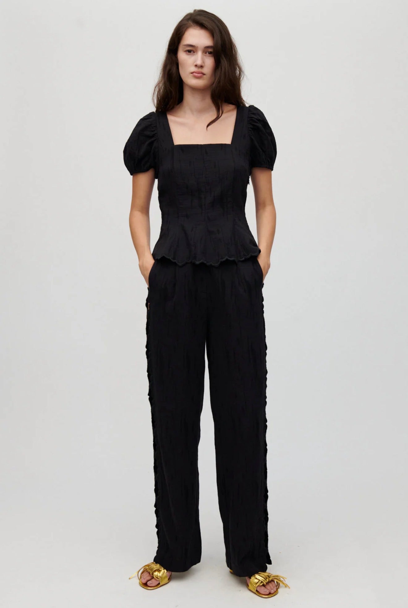HFM Kira Puff Sleeve Top | Aura Pant Trousers | Scalloped Hem Edge Cotton-linen blend Set
