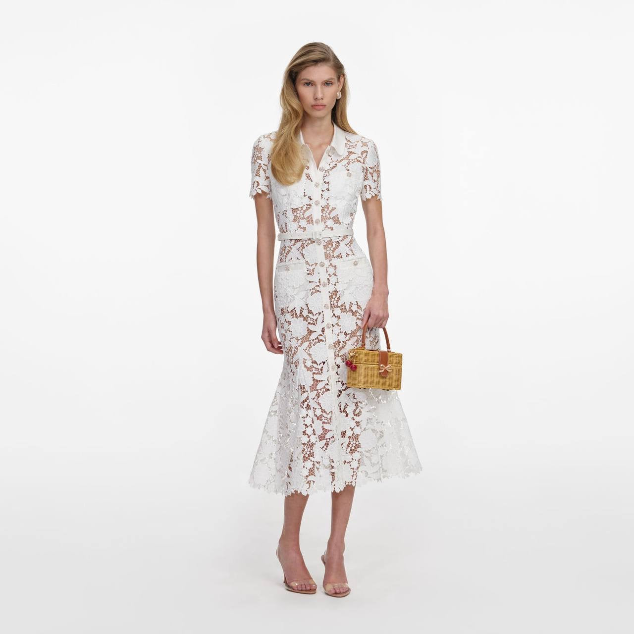 SP White Lace Collared Mermaid Belted Midi Dress
