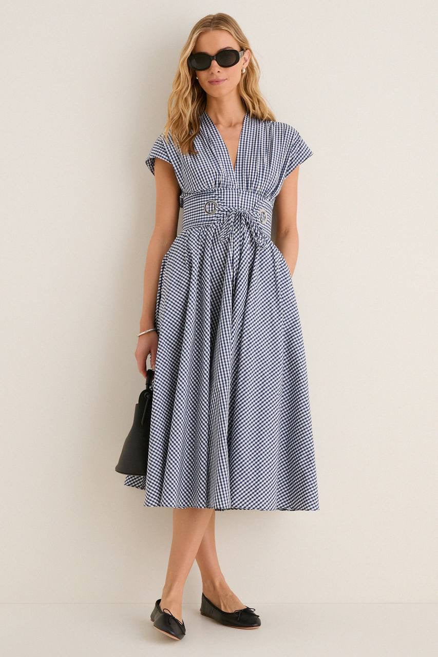 2 Colors! ALX Riviera Cotton-Viscose Midi Dress in White & Navy Gingham Blue