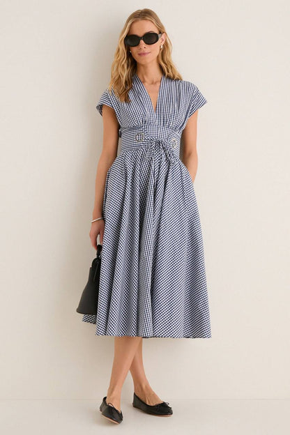2 Colors! ALX Riviera Cotton-Viscose Midi Dress in White & Navy Gingham Blue