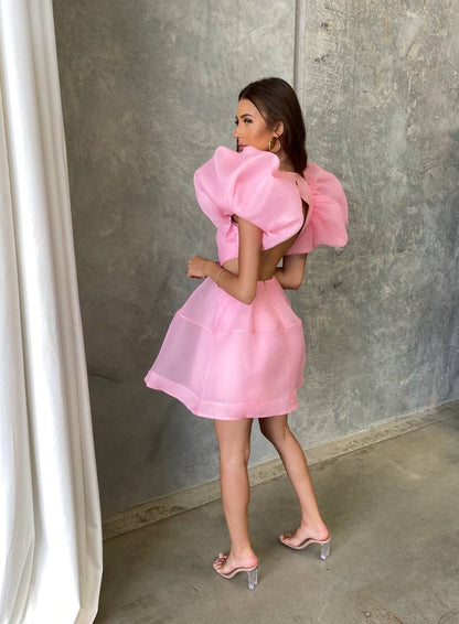 AJ Simplicity Puff Sleeve Cut Out Mini Dress in Ballet Pink