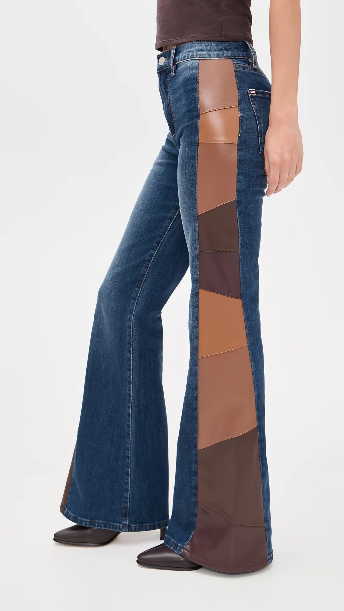 2 Styles! AO SB Vegan Faux-Leather Cutout Jeans in Patchwork Flare & Brown