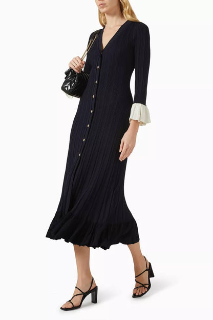 SD Knitted V Neck Contrast Sleeve Midi Dress in Navy blue & Black