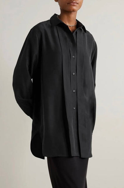 TOT Pleated Silk Long-sleeved Collared Shirt