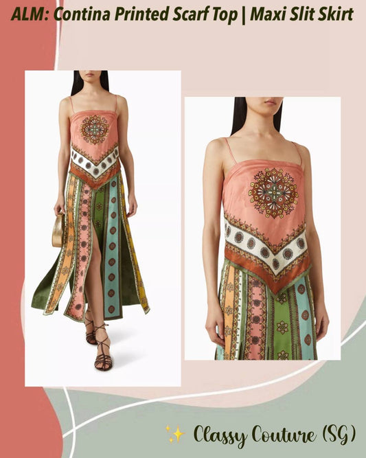 ALM Contina Printed Scarf Cami Top | Midi Maxi Slit Skirt | Jacquard Viscose Set