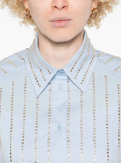 SD Celena Cotton Striped Embellished Cropped Button Down Shirt