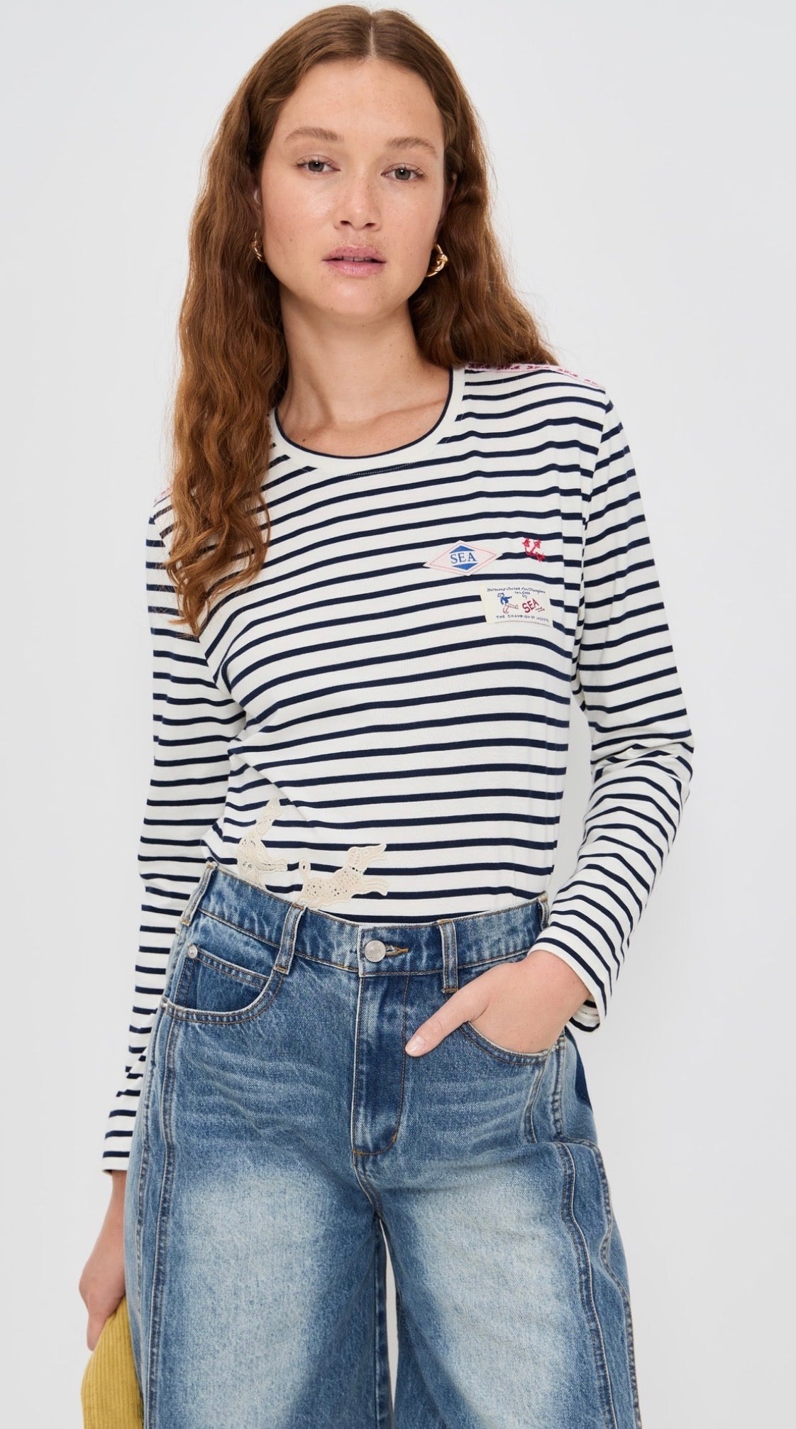 SE Athena Solid Cotton Jersey Striped Long Sleeve Shirt