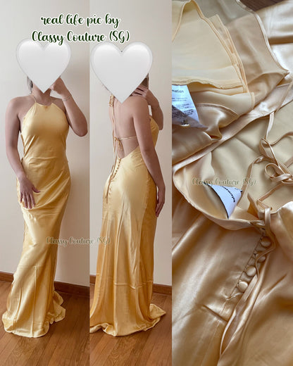 Yellow Jeany Silk Halter Maxi Dress Gown
