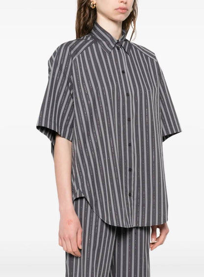 SD Midnight Striped Rhinestone Cotton Shirt | Middy Bubble Mini Skirt | Set