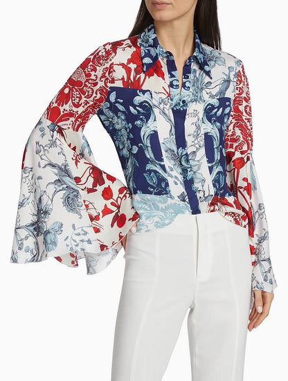 AO Willa Fitted Placket Bell-Sleeve Stretch-Silk Top