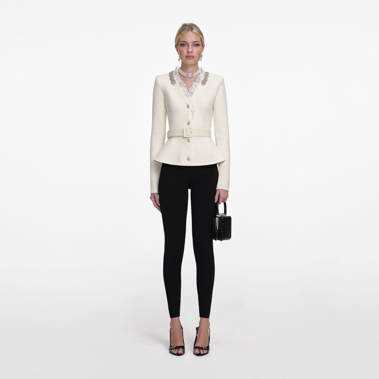 SP Cream Crystal Trim Cardigan Peplum Belted Top
