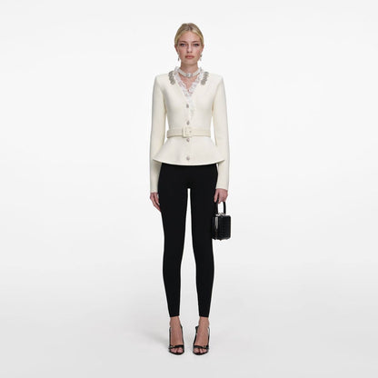 SP Cream Crystal Trim Cardigan Peplum Belted Top