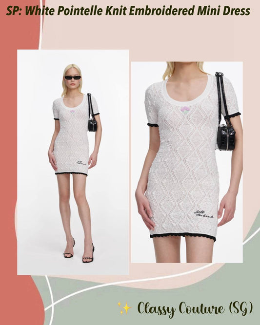 SP White Pointelle Knit Embroidered Mini Dress