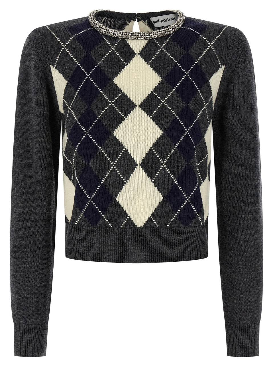 SP Embellished Crystal Cropped Sweater Jumper in Grey Argyle & Cream