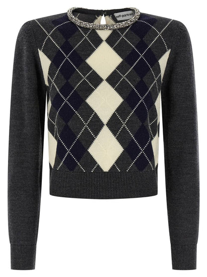 SP Embellished Crystal Cropped Sweater Jumper in Grey Argyle & Cream