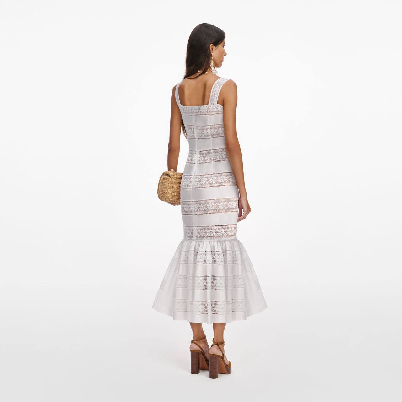 SP White Cotton Embroidered Cotton Flared Mermaid Midi Dress