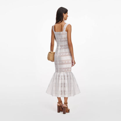 SP White Cotton Embroidered Cotton Flared Mermaid Midi Dress