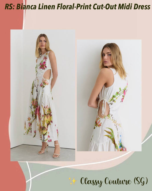 Petite/Regular! RS Bianca Linen Floral-Print Cut-Out Midi Dress