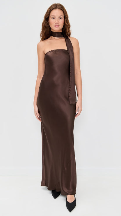 SALE! Oren Strapless Bandeau Silk Maxi Dress with Scarf