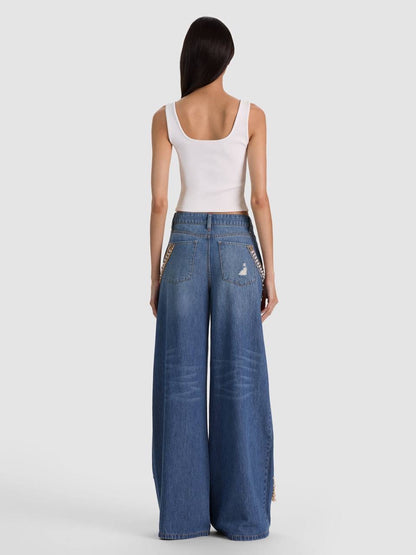Harper Gold-tone Chain & Pearl-Embellished Ripped Mid-Rise Wide-leg Jeans