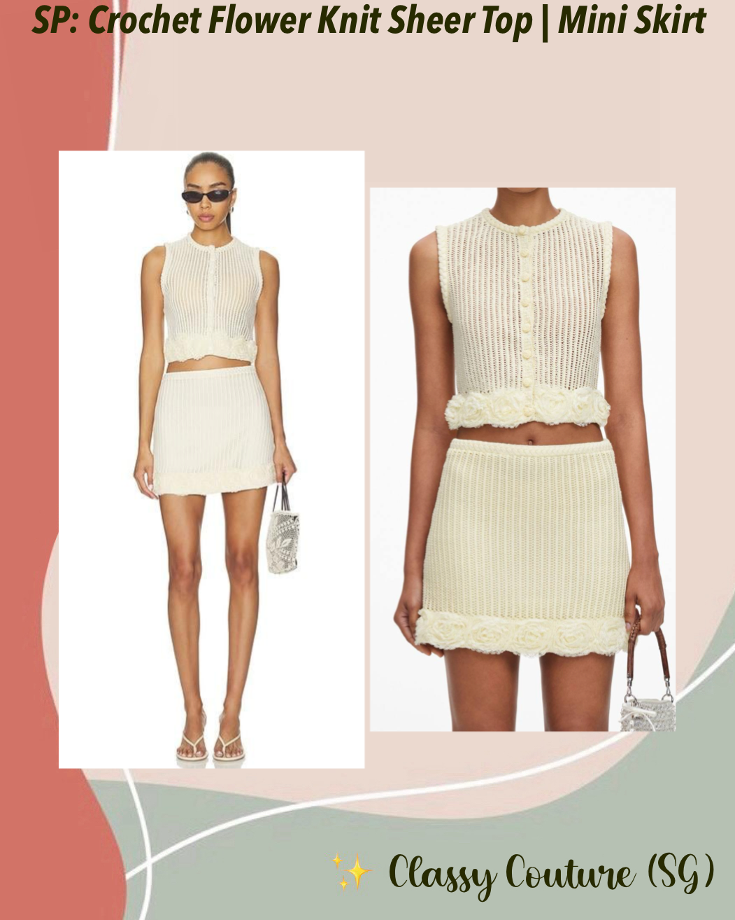 2 Colors! SP Crochet Flower Knit Sheer Crop Top | Mini Skirt | 3D Rosette Yellow & Cream Set