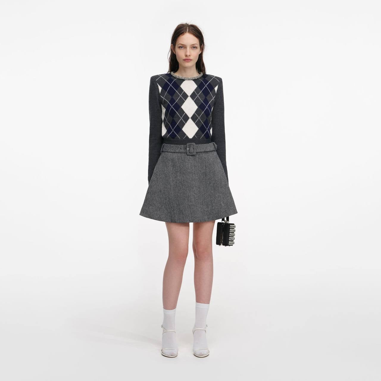 SP Embellished Crystal Cropped Sweater Jumper in Grey Argyle & Cream