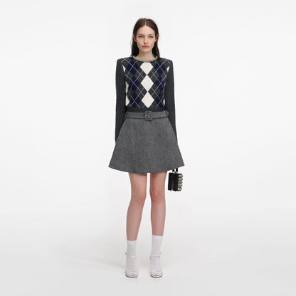 SP Embellished Crystal Cropped Sweater Jumper in Grey Argyle & Cream