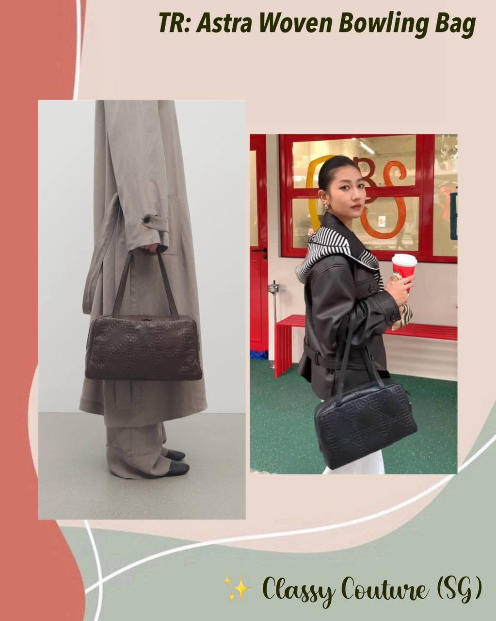 2 Colors! TR Astra Woven Bowling Goatskin Leather Shoulder Tote Bag