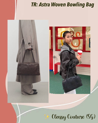 2 Colors! TR Astra Woven Bowling Goatskin Leather Shoulder Tote Bag