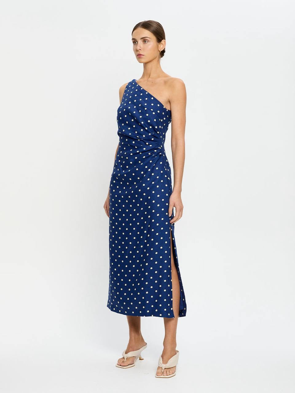 KV Lily One-Shoulder Toga Midi Dress | Strapless Bubble Cotton-Linen Polka Dot Maxi Dress