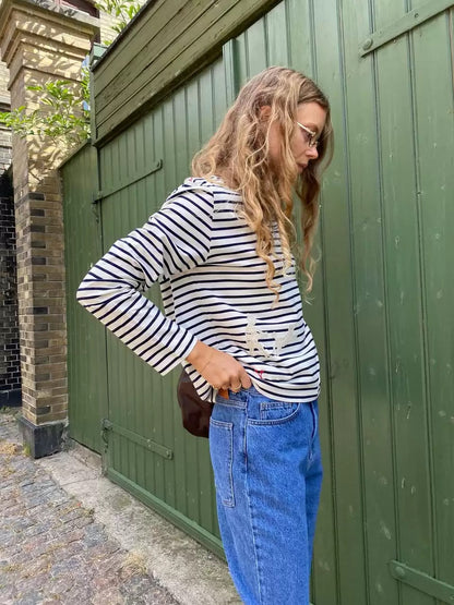 SE Athena Solid Cotton Jersey Striped Long Sleeve Shirt