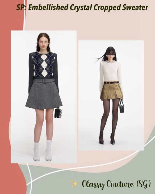 SP Embellished Crystal Cropped Sweater Jumper in Grey Argyle & Cream