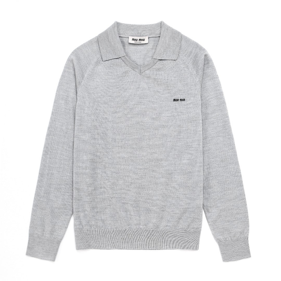 MM Unisex Wool Polo Sweater in Light Grey & Navy Blue